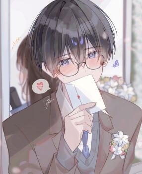 1boy 1girl aoru_uu black-framed_eyewear black_hair blazer blue_necktie blurry blurry_background blush bouquet brown_hair brown_jacket collared_shirt commentary_request covering_own_mouth day dress_shirt envelope flower glasses grey_sweater heart highres holding holding_envelope indoors jacket lapels letter long_sleeves looking_at_viewer love_letter male_focus necktie open_clothes open_jacket original purple_eyes school_uniform shirt short_hair signature solo_focus spoken_heart sweater upper_body white_flower white_shirt
