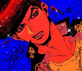 1boy blue_background character_name clenched_teeth commentary_request dutch_angle earrings eyelashes gakuran higashikata_josuke highres jewelry jojo_no_kimyou_na_bouken larugo0513 looking_to_the_side male_focus pompadour school_uniform signature simple_background solo star-shaped_pupils star_(symbol) symbol-shaped_pupils teeth
