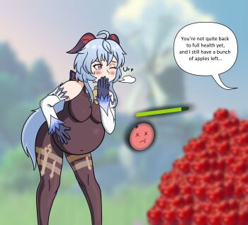 1girl absurdres ahoge apples bare_shoulders bell big_belly black_gloves blue_hair blush bodysuit breasts burp covered_navel cowbell detached_sleeves food full_stomach ganyu_(genshin_impact) genshin_impact gloves hair_between_eyes highres holding_stomach horns lewdyspaghette long_hair long_sleeves medium_breasts plump purple_eyes speech_bubble sweatdrop talking