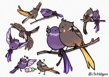 absurdres animalization artist_name beak bird branch brown_bird c520gpss chinese_commentary couple dango food genshin_impact grey_background hair_ornament heart highres lofter_username purple_bird raiden_shogun wagashi wings zhongli_(genshin_impact)