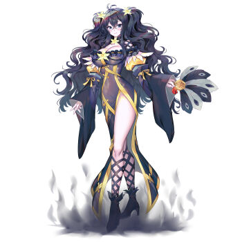 Rule 34 | 1girl, absurdres, black hair, breasts, cleavage, covered navel, dress, feather fan, flower, fubuki (senran kagura), hair flower, hair ornament, highres, large breasts, lebachqui126, long hair, ribbon, senran kagura, senran kagura new link, solo, twintails