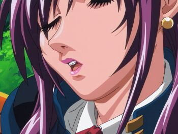 00s 1girl 2004 animated animated_gif bench bible_black bible_black_new_testament blazer bow bowtie closed_eyes earrings female_focus ichikawa_aki jacket jewelry lipstick long_hair makeup purple_hair red_eyes shin_bible_black sidelocks sitting sleeping solo tagme waking_up