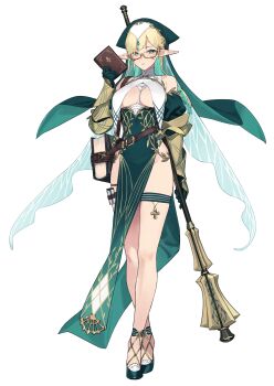 1girl 92m asymmetrical_bangs bare_hips bare_legs bible_(object) biting_own_lip blonde_hair book breast_curtains breasts cadia_(elf_village) cleavage closed_mouth commentary_request copyright_name cowboy_shot cross crossed_ankles detached_sleeves dress elf elf_village english_text fairy_wings figure_available full_body gauntlets glasses gloves green_background green_dress green_eyes green_gloves green_shoes green_sleeves green_veil highres holding holding_book holding_weapon jewelry large_breasts light_blush looking_at_viewer medium_hair merchandise_available mole mole_under_eye multiple_views nun official_art parted_lips pelvic_curtain pointy_ears second-party_source shoes sidelocks solo_focus standing strap thigh_strap transparent_background underboob veil weapon wings