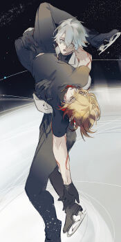 Rule 34 | 2boys, arm tattoo, black gloves, black pants, black shirt, blonde hair, blue eyes, braid, carrying, carrying person, full body, gloves, hand on another's shoulder, hashtag-only commentary, highres, honkai: star rail, honkai (series), ice skates, ice skating, jacket, lapels, long sleeves, male focus, mississipping, multiple boys, mydei (honkai: star rail), open clothes, open jacket, open mouth, pants, parted bangs, phainon (honkai: star rail), red tattoo, shirt, short sleeves, side braid, skates, skating, tattoo, white hair, white jacket, yellow eyes