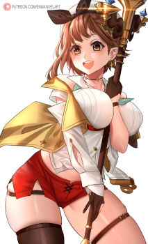 1girl :d aqua_neckerchief arm_between_breasts atelier_(series) atelier_ryza atelier_ryza_2 bare_shoulders between_breasts black_bow blush bow breasts brown_eyes brown_gloves brown_hair brown_thighhighs collarbone commentary cowboy_shot english_commentary enma_(enmanuelart) eyelashes garter_straps gloves gluteal_fold hat hat_bow highres holding holding_staff jacket large_breasts light_blush looking_to_the_side medium_hair midriff neckerchief open_clothes open_jacket open_mouth patreon_logo patreon_username red_shorts reisalin_stout shirt shorts simple_background single_garter_strap single_thighhigh skindentation smile solo sparkle staff teeth thick_thighs thighhighs thighs unfinished upper_teeth_only white_background white_hat white_shirt yellow_jacket