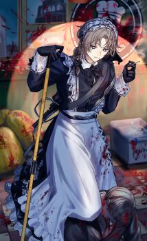 2boys absurdres apron black_gloves blood blood_on_clothes blood_on_face blue_eyes braid brown_hair cigarette commentary_request crossdressing crossdressing_(mtf) death gloves gun highres holding holding_cigarette jewelry kanae_(nijisanji) koza_t0t long_sleeves looking_down maid maid_apron maid_headdress male_focus male_maid multiple_boys necklace nijisanji ribbon single_braid smile smoke solo_focus virtual_youtuber weapon