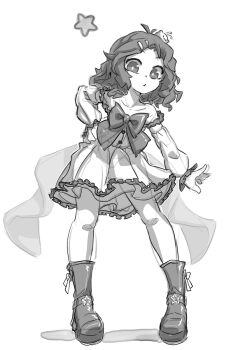 1girl alternate_costume ankle_boots antenna_hair archived_source blob boots bow centi_(nimu) curly_hair dress frilled_dress frills full_body glitchrod greyscale hair_ornament hairclip hand_on_own_hip highres indie_virtual_youtuber large_bow leaning_forward legs_apart long_sleeves looking_at_viewer medium_hair monochrome nimu_(vtuber) off-shoulder_dress off_shoulder platform_boots pleated_dress puffy_long_sleeves puffy_sleeves simple_background standing star_(symbol) strapless strapless_dress virtual_youtuber