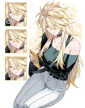 1girl absurdres alternate_costume antenna_hair bag belt black_shirt blonde_hair breasts choker cleavage commentary diamond-shaped_pupils diamond_(shape) english_commentary genderswap genderswap_(mtf) hair_over_one_eye highres holding holding_phone honkai:_star_rail honkai_(series) iqjwyns1616 large_breasts long_hair multiple_expressions off_shoulder pants phainon_(honkai:_star_rail) phainon_(khaslana)_(honkai:_star_rail) phone shirt sitting solo_focus sparkle spiked_hair symbol-shaped_pupils very_long_hair white_background yellow_eyes yellow_nails