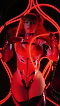 Rule 34 | 1girl, adapted costume, animated, ass, ass shake, blue eyes, breasts, brown hair, cleavage, cleavage cutout, clothing cutout, cosplay, enji night, female focus, highleg, highleg leotard, huge ass, indoors, leotard, long hair, looking at viewer, mecha pilot suit, neon genesis evangelion, neon lights, official alternate costume, open mouth, photo (medium), plugsuit (evangelion), polearm, real life, red leotard, skindentation, smile, solo, sound, souryuu asuka langley, souryuu asuka langley (cosplay), tagme, thong leotard, tsundere, video, walking, weapon, wide hips