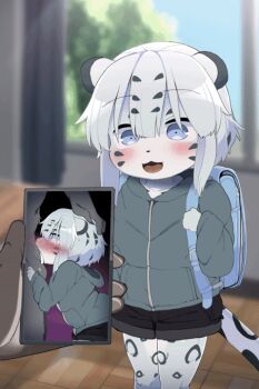 1boy 1girl age_difference animated animated_gif anus ass backpack bag bar_censor bed blue_eyes blush cellphone censored cum cum_in_pussy cumdrip dagasi doggystyle erection fellatio flat_chest furry furry_female furry_with_furry grey_hair holding holding_phone jacket loli medium_hair nipples on_bed oral original penis phone pussy sex sex_from_behind shorts smartphone snow_leopard_ears snow_leopard_girl snow_leopard_tail standing tail testicles thighs vaginal yuki-chan_(dagasi)