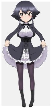 Rule 34 | 1girl, alternate costume, black boots, black dress, black hair, black pantyhose, blush, boots, braid, breasts, brown eyes, closed mouth, commentary, cosplay, dorothy (princess principal), dorothy (princess principal) (cosplay), dress, frilled dress, frills, frown, full body, girls und panzer, grey background, hair tie, highres, kayabakoro, large breasts, long sleeves, looking at viewer, medium dress, pantyhose, pepperoni (girls und panzer), princess principal, short hair, side braid, skirt hold, solo, standing, taichi you, voice actor connection