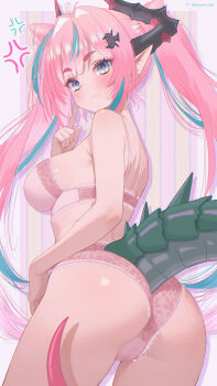 Rule 34 | 1girl, absurdres, anger vein, aqua eyes, aqua hair, arknights, arknights: endfield, black horns, bra, breasts, commentary, cowboy shot, dragon girl, dragon horns, dragon tail, english commentary, finger to cheek, from behind, green tail, hair intakes, highres, horns, long hair, looking at another, looking back, medium breasts, mixed-language commentary, multicolored hair, neurotic neko, paid reward available, panties, pink bra, pink hair, pink panties, pointy ears, pout, solo, standing, streaked hair, tail, twintails, underwear, underwear only, yvonne (arknights)