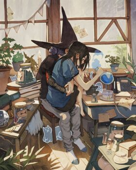 2girls alt_text barefoot bell black_hair black_hat black_shirt black_skirt bone book candle cat chair commentary day desk ear_piercing english_commentary ghost grey_pants hair_bun hat highres holding_potion hug indoors jar long_hair multiple_girls original pants piercing plant potted_plant purple_hair shirt simz sitting sitting_on_lap sitting_on_person skirt slice_of_life socks table white_socks window witch_hat yuri