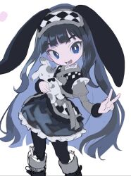 Rule 34 | 1girl, :d, animal ears, black hair, black leggings, blue eyes, boots, bright pupils, checkered clothes, checkered hairband, checkered headwear, collar, dot nose, dress, droopy ears, facing viewer, frilled collar, frilled dress, frills, from above, happy, highres, holding, holding stuffed toy, juliet sleeves, leggings, long hair, long sleeves, looking at viewer, lower teeth only, myunazzang, open mouth, original, outstretched hand, pigeon-toed, puffy sleeves, rabbit ears, sidelocks, simple background, smile, solo, stuffed animal, stuffed rabbit, stuffed toy, teeth, three quarter view, turning head, v, very long hair, white background, white pupils
