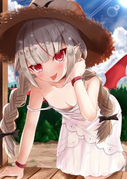 1girl absurdres ahoge areola_slip bare_shoulders black_bow blue_sky bow braid breasts bush cloud demon_girl demon_wings downblouse dress ex_idol female_focus hair_bow hand_in_own_hair highres leaning_forward lens_flare loli long_hair looking_at_viewer makaino_ririmu makaino_ririmu_(3rd_costume) multicolored_hair nijisanji nipple_slip nipples off_shoulder outdoors pointy_ears red_eyes red_hair sandals silver_hair sky sleeveless sleeveless_dress small_breasts smile solo streaked_hair sun tree twin_braids virtual_youtuber white_dress wings wrist_cuffs