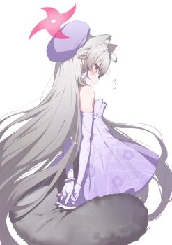 1girl absurdres animal_ears arms_behind_back beret blue_archive chinese_commentary commentary_request dress earrings elbow_gloves gloves grey_hair halo hat highres jewelry long_hair michiru_(blue_archive) michiru_(dress)_(blue_archive) profile purple_dress purple_gloves raccoon_ears raccoon_girl raccoon_tail red_halo sleeveless sleeveless_dress solo tail very_long_hair white_background yellow_eyes youguo_naberu