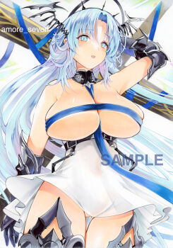 1girl absurdly_long_hair alsace_(azur_lane) amore_seven arm_up azur_lane bare_shoulders black_gloves black_thighhighs black_tiara blue_eyes blue_hair blue_ribbon breast_ribbon breasts commentary couter covered_navel cowboy_shot curtained_hair detached_collar elbow_gloves gloves gluteal_fold hairband half_updo halo halo_behind_head high-waist_skirt highres huge_breasts huge_weapon long_hair miniskirt no_panties open_mouth ribbon ribbon_as_bra ribbon_between_breasts sagging_breasts sample_watermark see-through_clothes see-through_skirt skindentation skirt solo thick_thighs thighhighs thighs tiara underbust vambraces very_long_hair watermark weapon white_skirt winged_hairband
