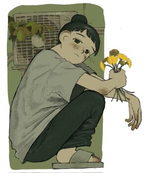 1girl black_eyes black_hair black_pants blunt_bangs closed_mouth commentary_request condenser_unit cslqp5pqvy11536 dandelion flower from_side grey_sandals grey_shirt hair_bun highres holding holding_flower leaf looking_at_viewer original pants sandals shirt short_sleeves single_hair_bun solo wide_sleeves yellow_flower