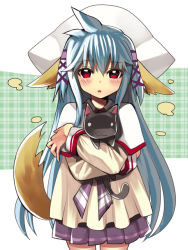 1girl ahoge animal animal_ears bad_id bad_pixiv_id blue_hair blush cat dog_ears dog_tail female_focus green_background hair_between_eyes hair_ornament hat holding holding_animal holding_cat hug long_hair long_sleeves looking_at_viewer miniskirt nursery_rhyme plaid_background pleated_skirt purple_skirt red_eyes shikishima_krile shirt skirt solo standing striped_clothes striped_skirt tail white_background yui_tooru