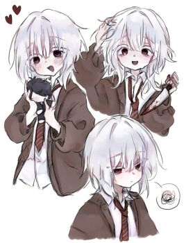 1boy akinashi_haru bags_under_eyes blood bloody_knife blush brown_cardigan cardigan character_doll collared_shirt crazy doll dress_shirt hand_in_own_hair happy hashtag-only_commentary heart holding holding_knife holding_stuffed_toy keiznta0229 knife multiple_views necktie red_eyes red_necktie saihate_eki shirt spoken_squiggle squiggle stuffed_animal stuffed_toy tatsunami_shion white_hair white_shirt