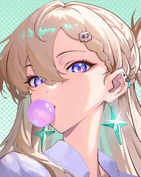 1girl absurdres blonde_hair blowing_bubble_gum braid braided_bangs chewing_gum colored_inner_hair commentary earrings english_commentary green_background hair_between_eyes hair_ornament highres jewelry long_hair looking_at_viewer lynae_(wuthering_waves) multicolored_hair nitsuga_zenitram portrait purple_eyes shirt skull_hair_ornament solo star_(symbol) star_earrings white_shirt wuthering_waves