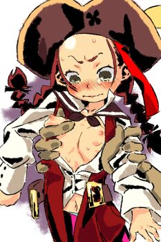 1girl belt blush braid breasts eisu_(eith) etrian_odyssey forehead grabbing_another's_breast green_eyes groping hat molestation navel open_belt open_clothes pirate pirate_(sekaiju) pirate_4_(sekaiju) pirate_costume pirate_hat red_hair red_vest simple_background small_breasts twin_braids twintails vest wavy_mouth white_background