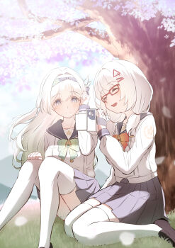 2girls aqua_bow aqua_bowtie ar-214_(honkai:_star_rail) black_hairband blurry blurry_background bow bowtie brown_shoes buttons camcorder camera closed_eyes closed_mouth commentary_request cosplay day double-breasted facing_viewer firefly_(honkai:_star_rail) firefly_(honkai:_star_rail)_(cosplay) firefly_(spring_missive)_(honkai:_star_rail) glasses grey_hair grey_sailor_collar grey_skirt hair_ornament hairband hairclip hand_on_own_knee hand_up highres holding holding_camera honkai:_star_rail honkai_(series) knees_up long_hair long_sleeves looking_at_another mashiro_(user_65392488) matching_outfits multiple_girls official_alternate_costume on_grass on_ground open_mouth orange_bow orange_bowtie outdoors paid_reward_available plaid_bow plaid_bowtie plaid_clothes red-framed_eyewear sailor_collar school_uniform serafuku shirt shoes sitting skirt smile sunlight thighhighs tree twintails video_camera wariza white_shirt white_thighhighs zettai_ryouiki