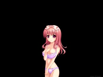 1girl asahina_hiyori_(hara_hara!!) black_background blush bow bowtie bra breasts breasts_squeezed_together cleavage clenched_hands closed_mouth collarbone cowboy_shot fumizuki_yukari game_cg hair_between_eyes hair_bow hand_on_own_chest hand_up hara_hara!! large_breasts long_hair navel non-web_source panties pink_bow pink_eyes pink_hair purple_bra purple_panties simple_background smile solo standing tachi-e tareme thighs underwear variant_set