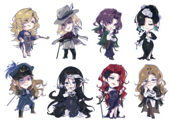 Rule 34 | 6+girls, augustus (path to nowhere), black hair, blonde hair, brown hair, cabernet (path to nowhere), cane, chameleon (path to nowhere), chibi, choryu desu, commentary, dress, full body, garofano (path to nowhere), hat, highres, holding, holding cane, jelena (path to nowhere), langley (path to nowhere), military hat, multiple girls, path to nowhere, purple hair, red hair, shin (path to nowhere), vautour bleu (path to nowhere), white background