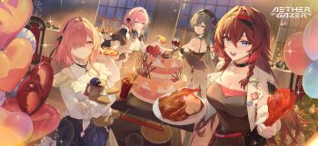 4girls aether_gazer artist_request balloon black_hat blue_eyes breasts brown_hair cake candle chair character_request chicken_(food) chicken_leg cleavage closed_mouth copyright_name cup drinking_glass food green_eyes grey_hair hair_over_one_eye hat heart_balloon highres holding holding_cup holding_food long_hair long_sleeves maid maid_headdress multicolored_hair multiple_girls official_art open_mouth pink_eyes pink_hair pizza pizza_slice red_hair short_hair sparkle streaked_hair stuffed_animal stuffed_toy teddy_bear teeth upper_teeth_only verthandi_(aether_gazer) wine_glass