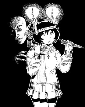 1boy 1girl absurdres black_background candle candle_on_headwear candlelight christianity commentary cowboy_shot cross cross_necklace dark_background english_commentary fingernails greyscale hammer hands_up headband heidi_(heytherenrds) high_contrast highres holding holding_hammer jewelry madeline_(heytherenrds) miniskirt mob_face monochrome necklace nosferatu original outline parted_lips pointy_ears reaching reaching_towards_another scarf sharp_fingernails sharp_teeth sketch skirt sneaking stake standing sweater teeth vampire white_outline