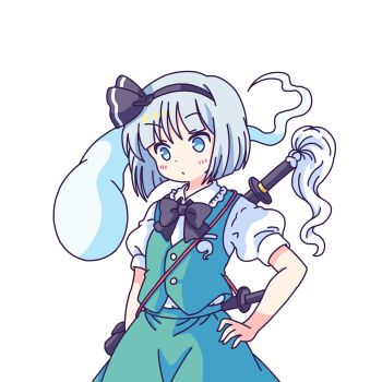 1girl absurdres black_bow black_bowtie black_hairband blue_eyes blush bow bowtie closed_mouth collared_shirt commentary english_commentary frilled_shirt_collar frills green_skirt green_vest grey_hair hairband hand_on_own_hip highres hitodama hitodama_print katana konpaku_youmu konpaku_youmu_(ghost) looking_at_viewer pioartstuff puffy_short_sleeves puffy_sleeves sheath sheathed shirt short_hair short_sleeves skirt skirt_set solo sword touhou transparent_background vest weapon weapon_on_back white_shirt