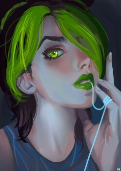1girl black_hair close-up commentary eyeshadow green_eyes green_hair green_lips hair_over_one_eye highres jojo_no_kimyou_na_bouken kuujou_jolyne looking_at_viewer makeup mascara multicolored_hair parted_lips serbianhero solo string two-tone_hair v-shaped_eyebrows