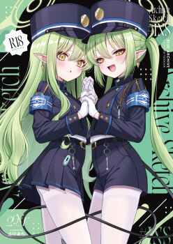 2girls :d :o armband belt black_belt black_hat black_jacket black_shorts black_skirt blue_archive blue_armband blush breasts demon_girl demon_tail earrings fang fukemachi furrowed_brow gloves green_hair half-closed_eyes halo hands_up hat highres hikari_(blue_archive) holding_hands jacket jewelry loli long_hair long_sleeves looking_at_viewer multiple_girls nozomi_(blue_archive) open_mouth pantyhose peaked_cap pleated_skirt pointy_ears shirt shorts siblings sisters skin_fang skirt sleeve_cuffs small_breasts smile standing tail tail_around_another&#039;s_leg tail_wrap thighband_pantyhose thighs twins twintails very_long_hair white_gloves white_pantyhose white_shirt yellow_eyes