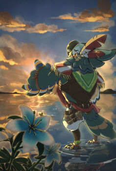 1boy accordion bandonion beak bird_boy blue_feathers blue_fur blue_sky body_fur closed_mouth cloud concertina feather_fingers feather_hair_ornament feathers floating_atsumi flower furry furry_male hair_ornament hand_wings highres holding holding_instrument instrument kass male_focus nintendo ocean open_mouth outdoors parrot_boy reflection reflective_liquid ripples rito silent_princess sky the_legend_of_zelda the_legend_of_zelda:_breath_of_the_wild water wings