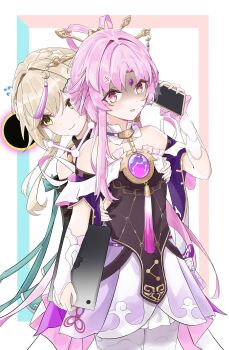 ! !! 2girls absurdres anger_vein angry bare_shoulders black_sweater blezer brown_hair commentary_request dress flying_sweatdrops forehead_jewel fu_xuan_(honkai:_star_rail) green_eyes hair_ornament hair_stick hand_on_another's_chest highres holding holding_phone holding_tablet_pc honkai:_star_rail honkai_(series) long_hair looking_at_viewer looking_to_the_side low_twintails multiple_girls pantyhose parted_bangs phone pink_hair qingque_(honkai:_star_rail) sweater tablet_pc tassel twintails upper_body white_pantyhose yellow_eyes