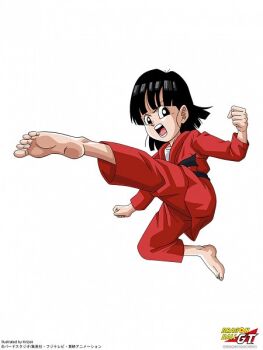 1girl artist_name barefoot belt black_belt black_eyes black_hair child dougi dragon_ball dragon_ball_gt feet karate karate_gi karate_uniform kicking kriztart logo open_mouth pan_(dragon_ball) pants red_pants red_shirt shirt soles solo source_request toes white_background