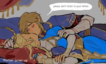 1boy 1girl absurdres artist_name bed beret blonde_hair braid bridal_gauntlets closed_eyes commentary couple crown crown_braid curtains dress earrings english_commentary english_text gloves gold_trim grey_background hair_ornament hair_tie hairclip hand_in_another's_hair hat head_on_pillow hetero highres holding holding_crown jewelry kiss link military_hat military_uniform nintendo official_alternate_costume on_bed pillow pointy_ears princess_zelda pyonteo royal_guard_set_(zelda) sidelocks speech_bubble the_legend_of_zelda the_legend_of_zelda:_tears_of_the_kingdom tiara unworn_hair_ornament unworn_hairclip upper_body white_gloves