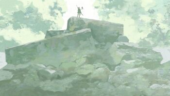 1girl 2b_(nier:automata) black_dress blindfold boots brush_stroke covered_eyes day dress drone feather-trimmed_sleeves feather_trim full_body highres juliet_sleeves katana long_sleeves luc_courtois nier:automata nier_(series) outdoors pod_(nier:automata) puffy_sleeves robot rock scenery short_hair standing sword thighhighs tree virtuous_contract virtuous_treaty weapon white_hair wide_shot