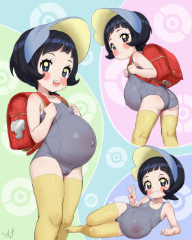 1girl absurdres ass backpack bag big_belly black_hair bonnet flatculture grin highres inflation jewelry loli looking_at_viewer looking_back lying multiple_views nintendo on_side pendant pokemon pokemon_(creature) poppy_(pokemon) pregnant randoseru simple_background smile standing swimsuit thighhighs v