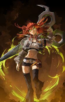 1girl absurdres arkilide black_shorts choker flipped_bangs folded_ponytail full_body gachiakuta grey_jacket grin highres holding holding_scissors jacket parted_lips red_choker red_hair riyo_reaper scissors shorts sidelocks smile solo strapless tube_top walking white_tube_top