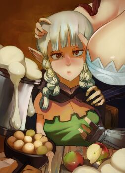 2girls apples breasts cleavage dragon's_crown elf_(dragon's_crown) food fruit highres large_breasts multiple_girls red_hair sorceress_(dragon's_crown) splashbrush