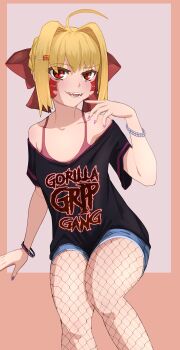 1girl absurdres ahoge bare_shoulders black_shirt blonde_hair blue_shorts blush bow bracelet braid breasts collarbone darkkin denim denim_shorts facial_mark fate/grand_order fate_(series) fishnet_pantyhose fishnets hair_bow hair_bun hair_intakes hair_ornament hairclip highres jewelry looking_at_viewer medium_hair nero_claudius_(fate) off_shoulder open_mouth pantyhose pointy_ears queen_draco_(fate) red_eyes red_ribbon ribbon shirt short_sleeves shorts small_breasts smile solo thighs