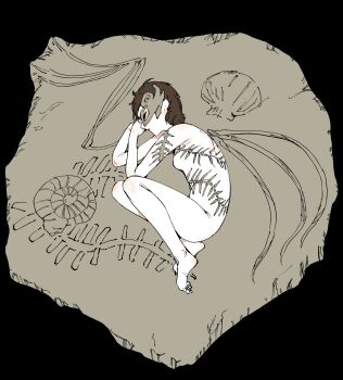 Rule 34 | 1girl, asuzemu, barefoot, bone, breasts, brown hair, closed eyes, fetal position, fossil, from side, half mask, highres, iwanaga ariya, mask, no nipples, nude, short hair, sideboob, skeletal wings, small breasts, solo, symbolism, touhou, wings