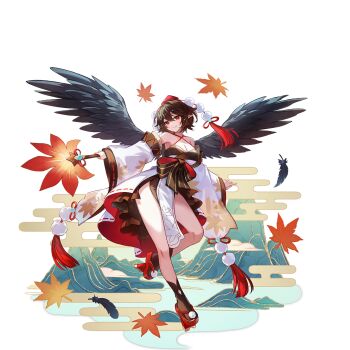 1girl autumn_leaves bird_wings black_feathers black_socks black_wings breasts brown_hair cleavage closed_mouth detached_sleeves egasumi embellished_costume falling_feathers falling_leaves feathered_wings feathers full_body game_cg geta hat hauchiwa highres holding japanese_clothes kimono kourindou_tengu_costume leaf leaf_print looking_at_viewer maple_leaf maple_leaf_print non-web_source official_art pelvic_curtain pointy_ears pom_pom_(clothes) print_kimono red_eyes red_hat red_sandals ribbon-trimmed_sleeves ribbon_trim sandals second-party_source shameimaru_aya side_slit smile socks solo tengu-geta tokin_hat touhou touhou_gensou_eclipse transparent_background u_u_zan white_kimono wings