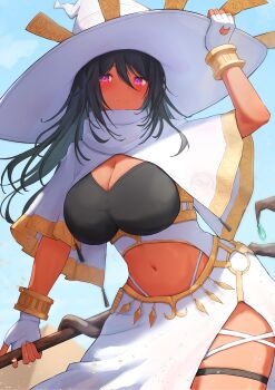 1girl absurdres adjusting_clothes adjusting_headwear armlet armor black_hair breasts capelet cat_cutout cleavage closed_mouth clothing_cutout commentary_request cowboy_shot dark-skinned_female dark_skin day gloves hair_between_eyes hat highres holding holding_staff hore_(user_frns7872) jewelry large_breasts leaning_forward long_hair looking_at_viewer navel original outdoors partially_fingerless_gloves purple_eyes pyramid_(structure) side_slit skirt smile solo staff standing stomach stomach_cutout thigh_strap white_capelet white_gloves white_hat white_skirt witch witch_hat