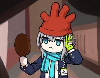 1girl blue_archive blue_eyes blue_jacket blue_scarf disguise feathers_mcgraw gloves green_gloves grey_hair hair_ornament id_card indoors jacket medium_hair mirror mismatched_pupils parody scarf shiroko_(blue_archive) shirt single_glove solo twoj wallace_&amp;_gromit white_shirt
