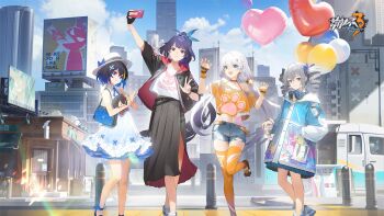 4girls :d ahoge black_skirt blue_eyes blue_hair bronya_zaychik character_doll chinese_commentary choker closed_eyes commentary_request copyright_name crop_top cup day doll dress drill_hair drink hair_ornament hand_in_pocket hat headphones headphones_around_neck highres holding holding_drink honkai_(series) honkai_impact_3rd kiana_kaslana long_sleeves multiple_girls navel off-shoulder_shirt off_shoulder official_art official_wallpaper open_mouth outdoors raiden_mei seele_vollerei selfie shirt short_sleeves skirt smile standing standing_on_one_leg thighhighs twin_drills v white_hair white_hat white_shirt yellow_thighhighs