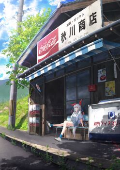 1girl absurdres amanun animal_ears bench blue_eyes candy_store converse cooler food food_in_mouth gashapon gashapon_machine grass grey_hair highres horse_ears horse_girl horse_tail long_hair overalls popsicle poster_(object) shop sidewalk sitting summer tail tamamo_cross_(umamusume) umamusume