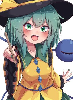 1girl black_hat blush commentary_request eyeball frilled_shirt_collar frilled_sleeves frills green_eyes green_hair green_skirt hat hat_ribbon highres holding holding_stick komeiji_koishi long_hair long_sleeves looking_at_viewer open_mouth ribbon shirt simple_background siw0n skirt smile solo stick teeth textless_version third_eye touhou upper_teeth_only white_background wide_sleeves yellow_ribbon yellow_shirt